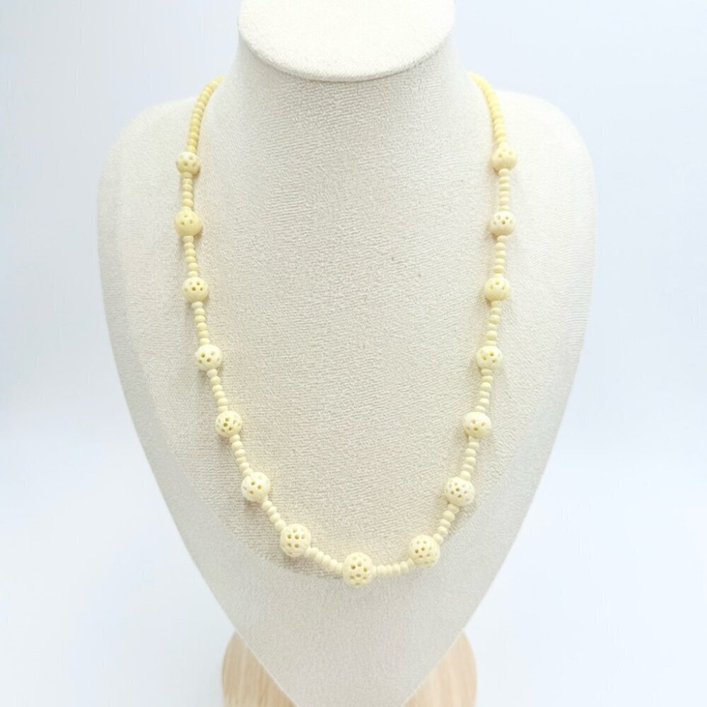 Vintage Hand Carved Bone Bead Necklace Floral Bone Beads